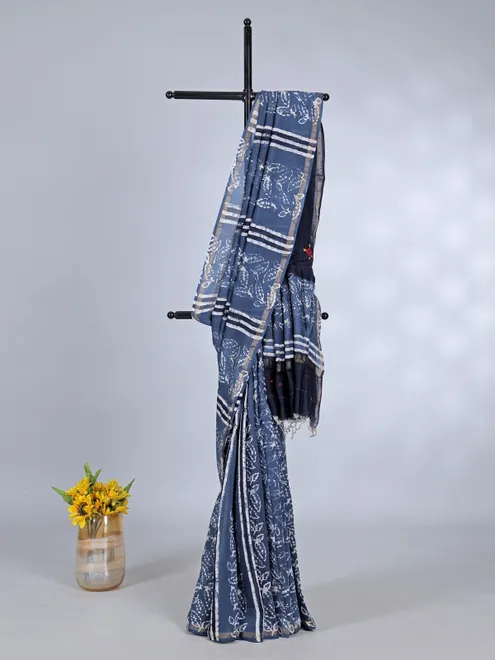 Blue printed tusser silk saree with thread work