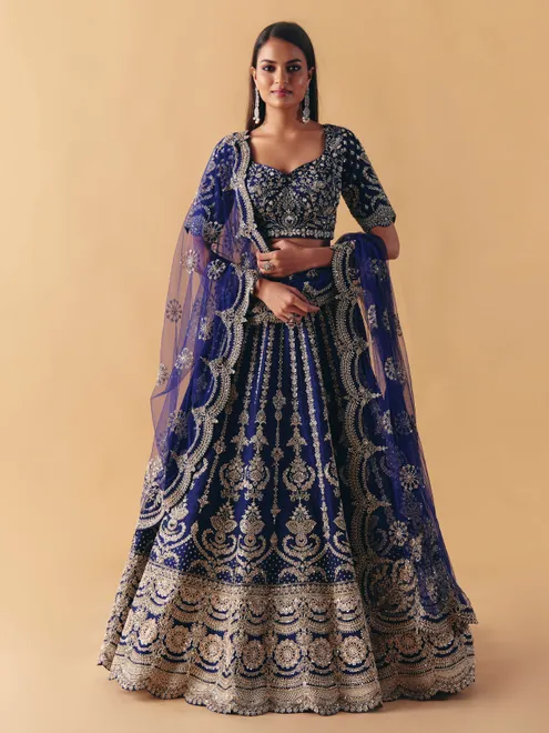 Blue raw silk lehenga choli with resham and zardosi shine