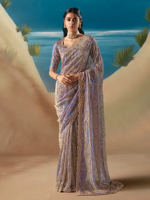 Blue satin organza shimmering designer saree