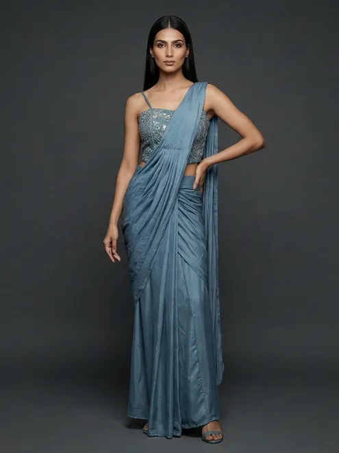 Blue satin silk designer ready to wear saree