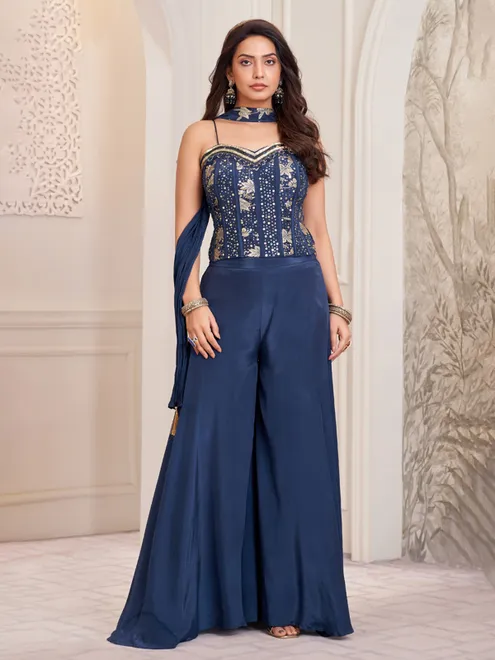 Blue satin silk festive palazzo suit