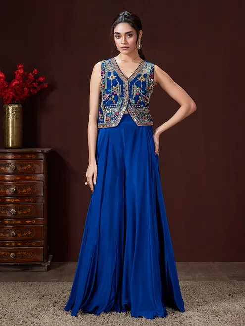 Blue satin silk palazzo suit for wedding