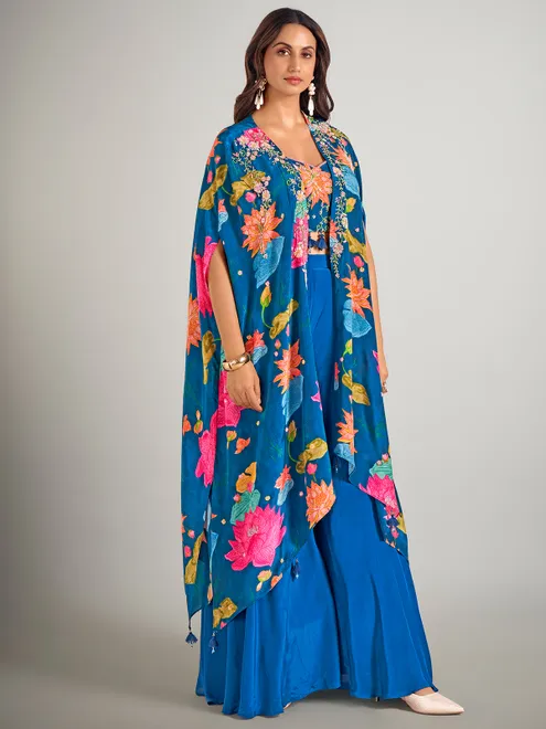 Blue satin silk palazzo suit with long jacket