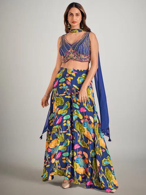 Blue satin silk printed palazzo suit