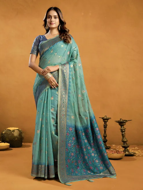 Blue semi cotton saree for wedding wear
