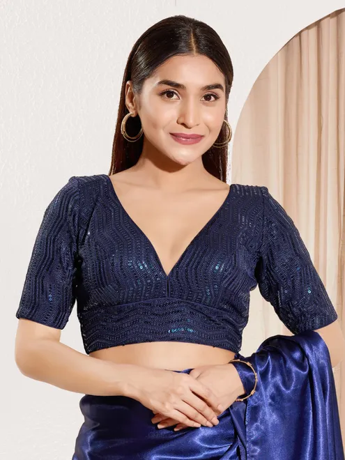 Blue sequins v neck elbow sleeve ready made blouse