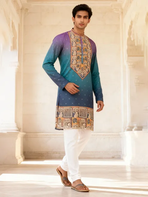 Blue shaded daman printed cotton silk kurta suit