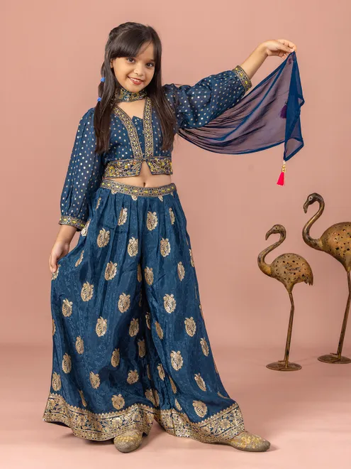 Blue silk aabla work palazzo suit