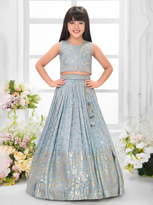Blue silk bandhej embellished lehenga choli