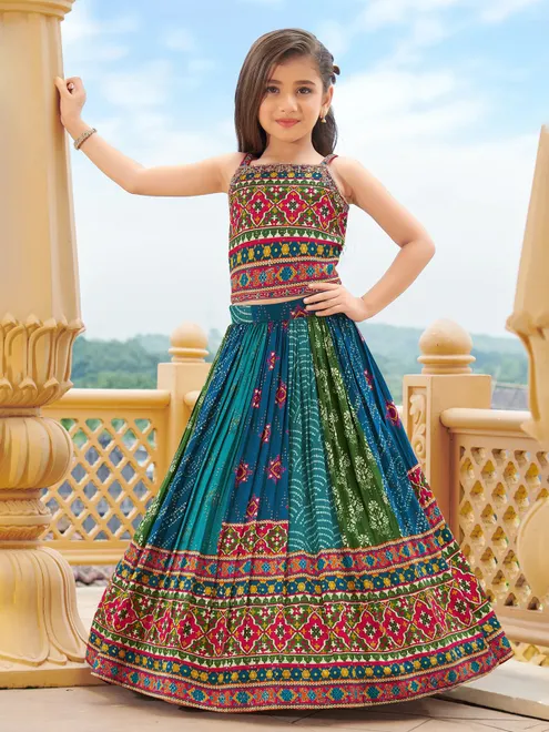 Blue silk bandhej printed lehenga choli for navratri