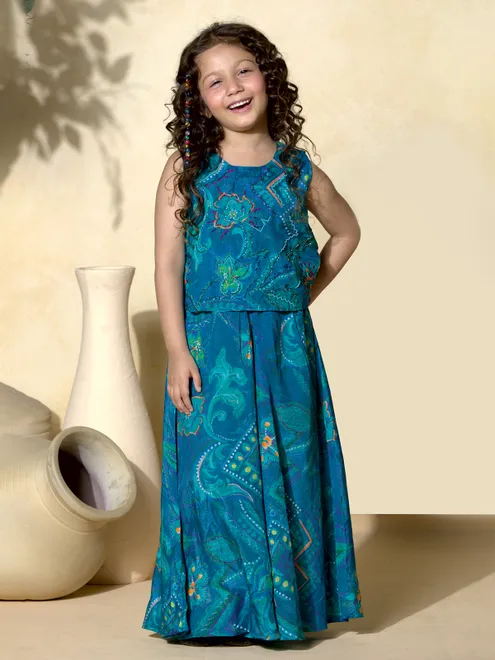 Blue silk co-ord set for girls with printed