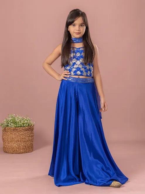 Blue silk cutdana sequins palazzo suit