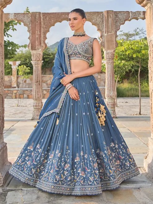 Blue silk embroidered wedding lehenga choli
