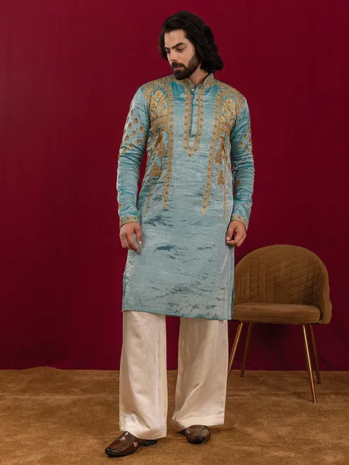Blue silk festive wear kurta suit with rich embellishment