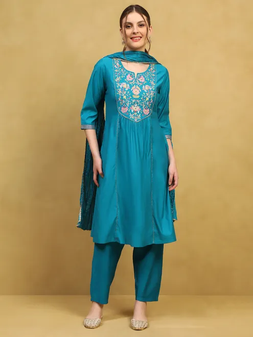 Blue silk festive wear kurti set with thread work