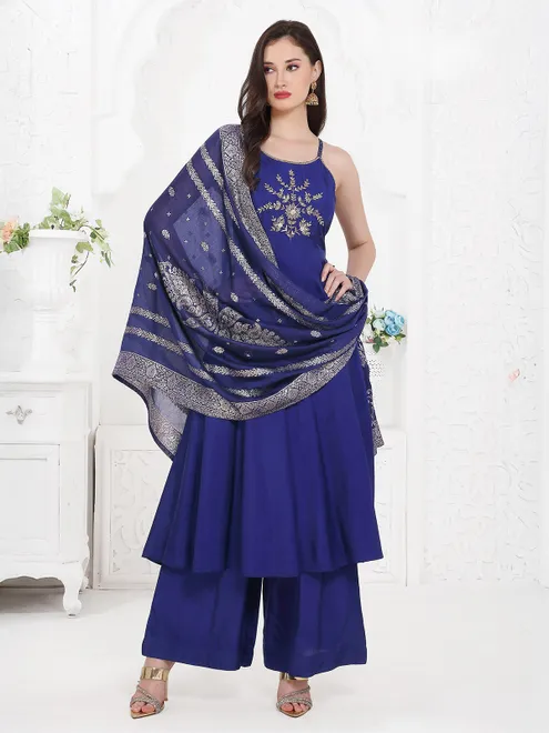 Blue silk festive wear palazzo kurti set