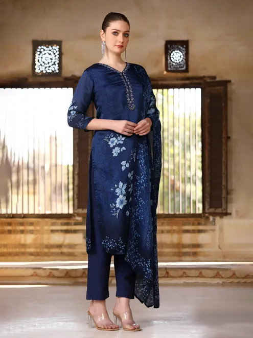 Blue silk floral printed kurti festive ensemble