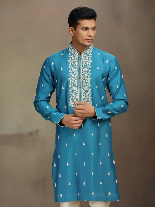 Blue jaquard silk kurta pajama with thread and sequins work