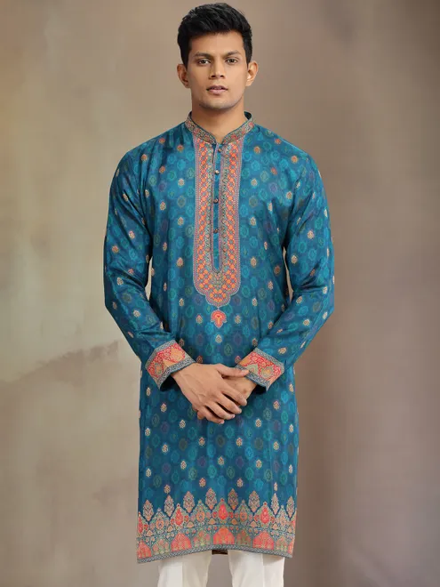 Blue jaquard silk kurta pajama with zari weaving