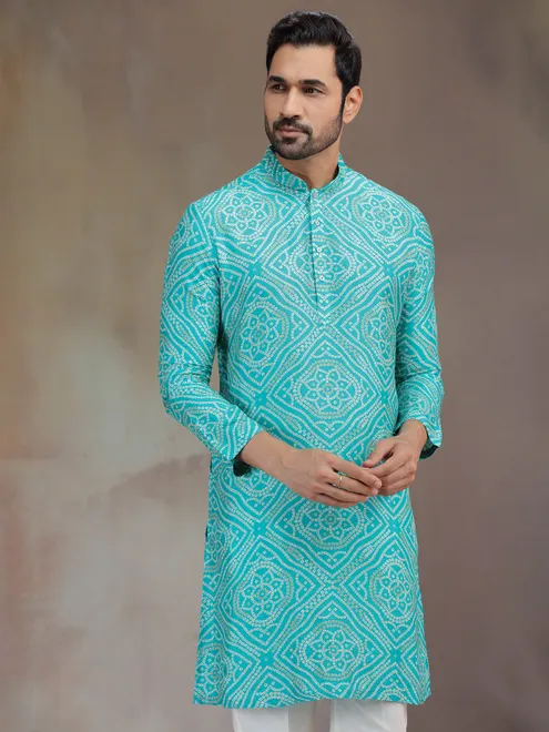 Blue silk kurta suit for men with print