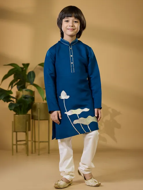 Blue silk kurta suit with thread and zari work