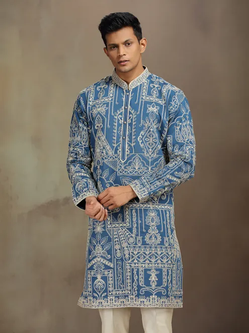 Blue premium silk kurta suit with thread embroidery