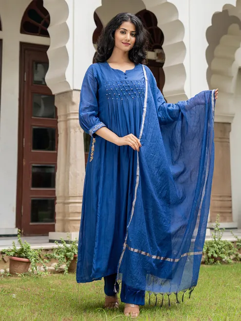Blue silk kurti set with resham work