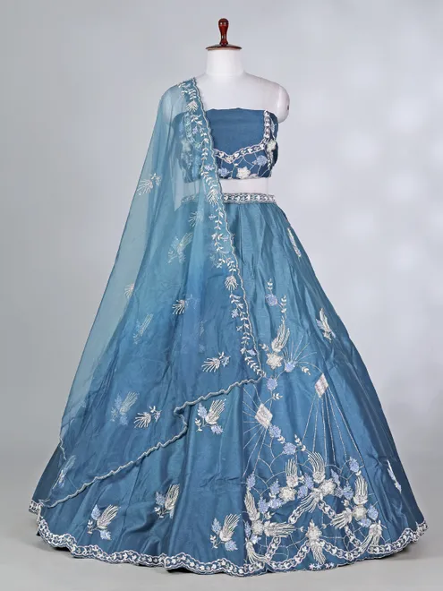 Blue silk lehenga choli with zardosi and beads work