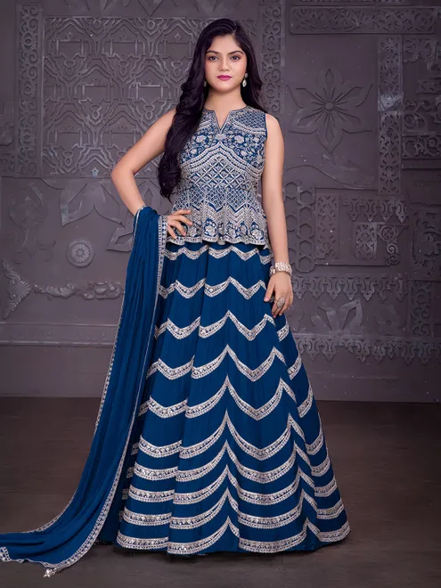 Blue silk lehenga choli with zari and aabla highlights