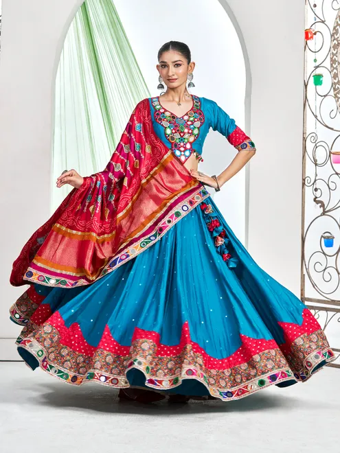 Blue silk navratri lehenga choli with red dupatta