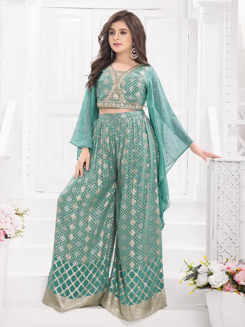Blue silk palazzo suit with mirror work