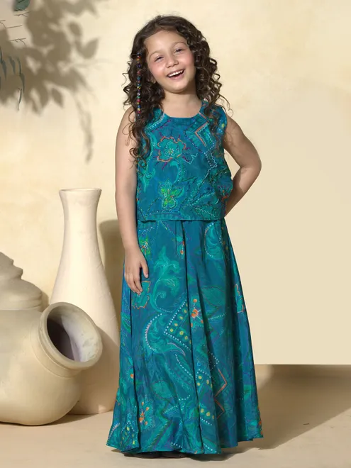 Blue silk printed co-ord set with zardosi and bead accents