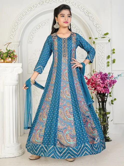 Blue silk printed floor length gown for girls
