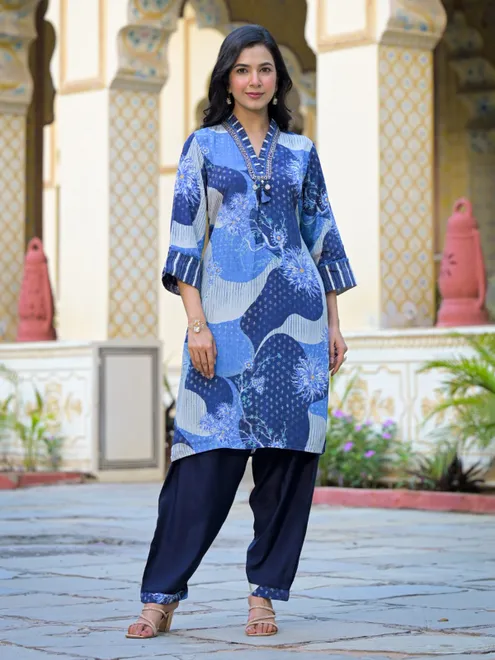 Blue silk printed kurti set ensemble