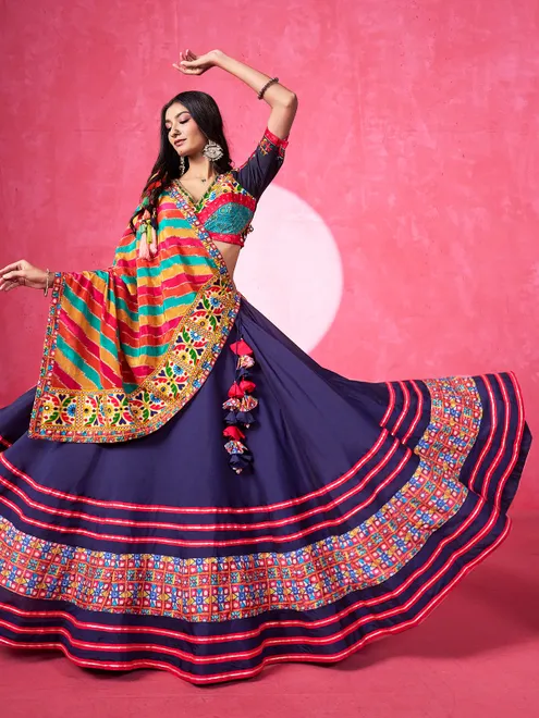 Blue silk printed lehenga choli for navratri