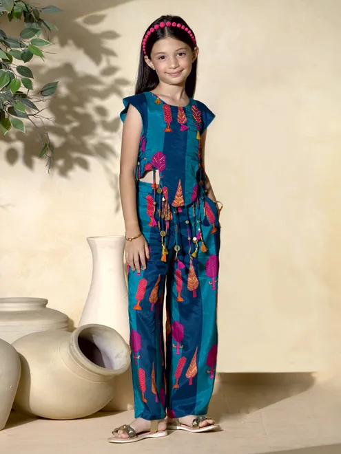 Blue silk printed palazzo set for girls