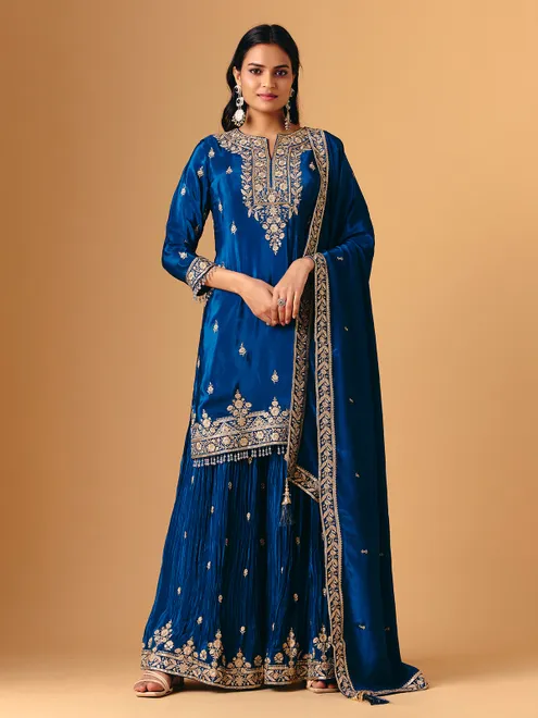 Blue silk quarter sleeve palazzo suit for reception wear