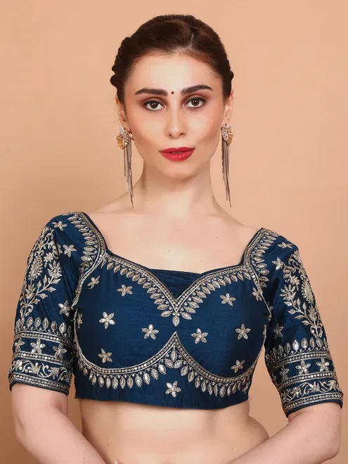 Blue silk ready made blouse with embroidered and sequins