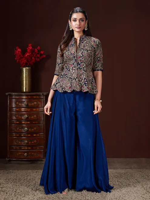 Blue silk rich embellished palazzo suit for women