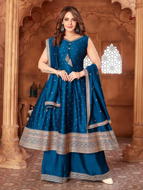 Blue silk sleeveless pakistani style anarkali suit