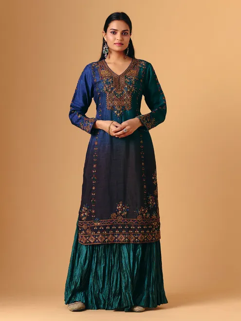 Blue silk V neck flared lehenga suit