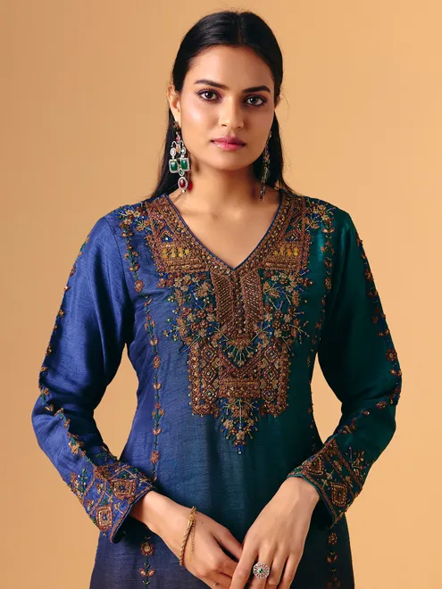 Blue silk V neck flared lehenga suit