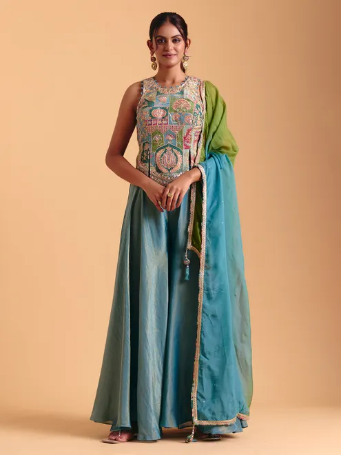 Blue silk wedding wear palazzo suit with dupatta