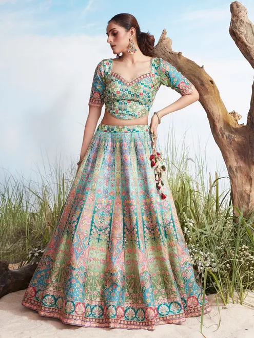 Blue silk wedding wear printed lehenga choli for women