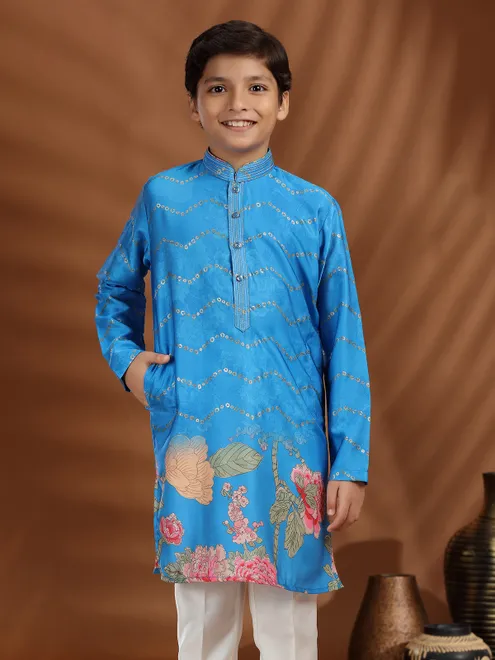 Blue silk zari weaving kurta suit for boys