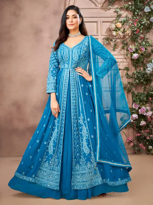 Blue soft georgette sweetheart neck lehenga suit