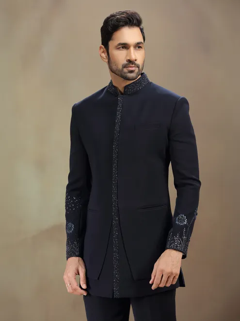 Blue terry rayon indowestern set with cutdana work