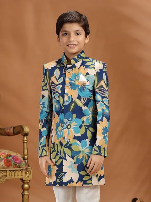 Blue terry rayon thread work indo western