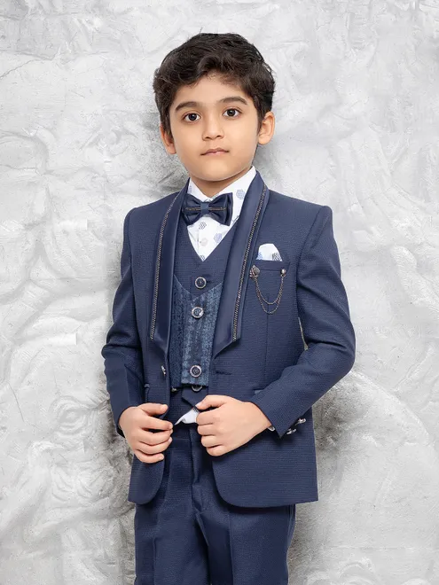 Blue textured terry rayon coat suit for boys