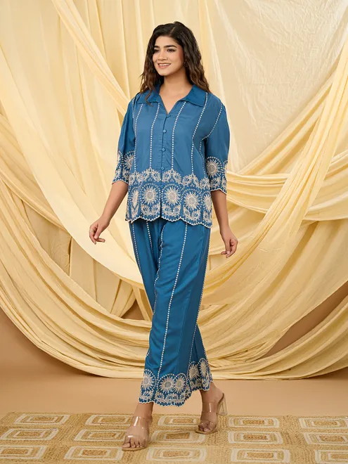 Blue thread cotton co-ord set for women